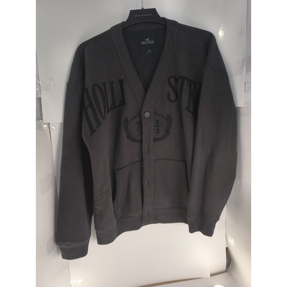 Hollister Cardigan Sweater Mens Medium Black Button Front Logo Casual Jacket